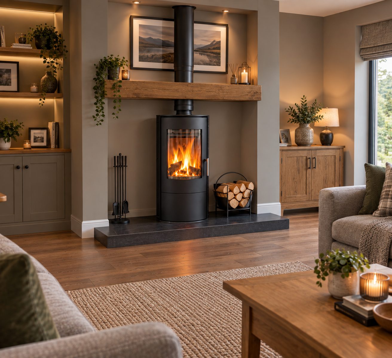 Contemporary black stove with oak beam and slate hearth