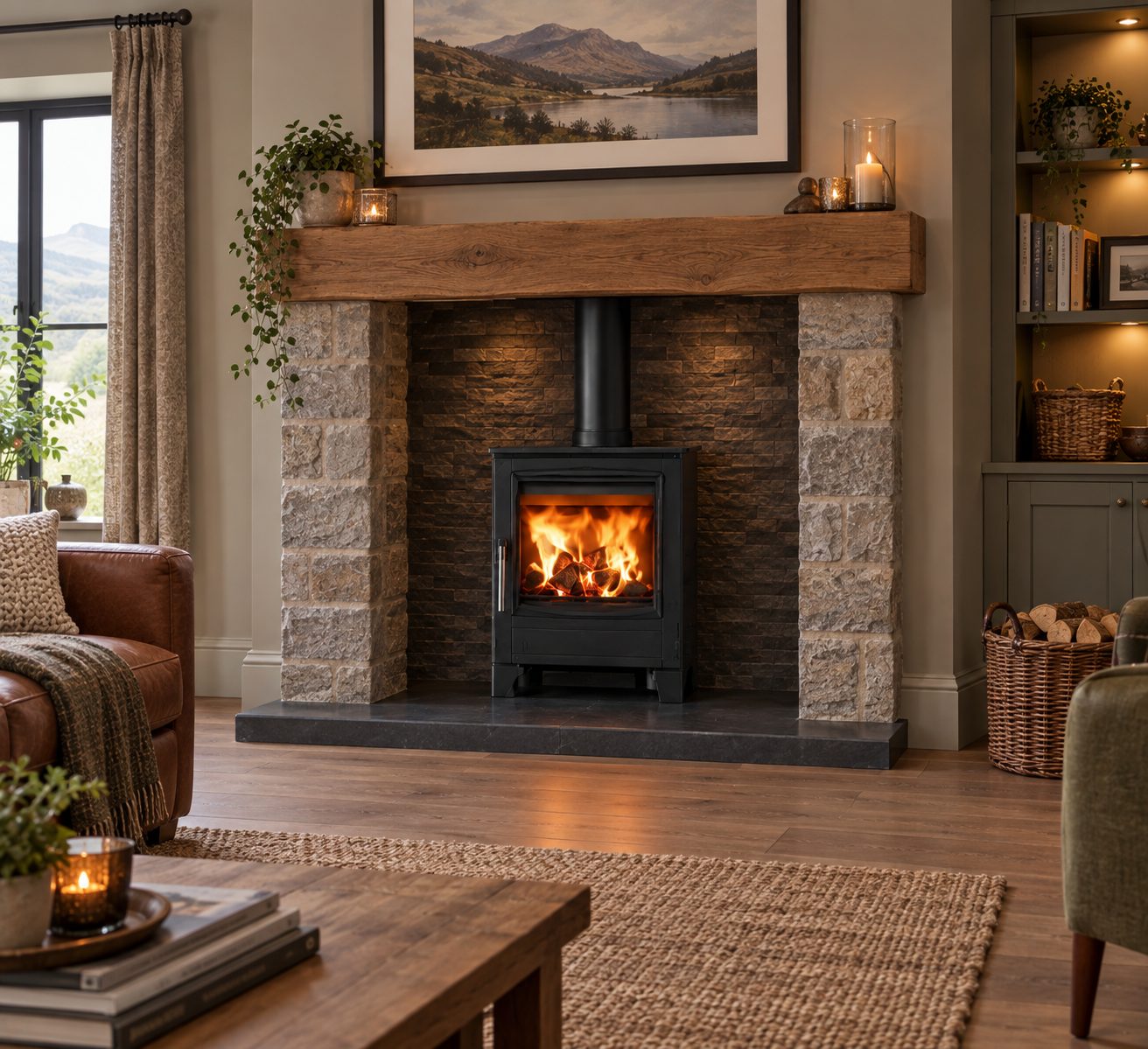 Wood burning stove in stone fireplace with oak mantel