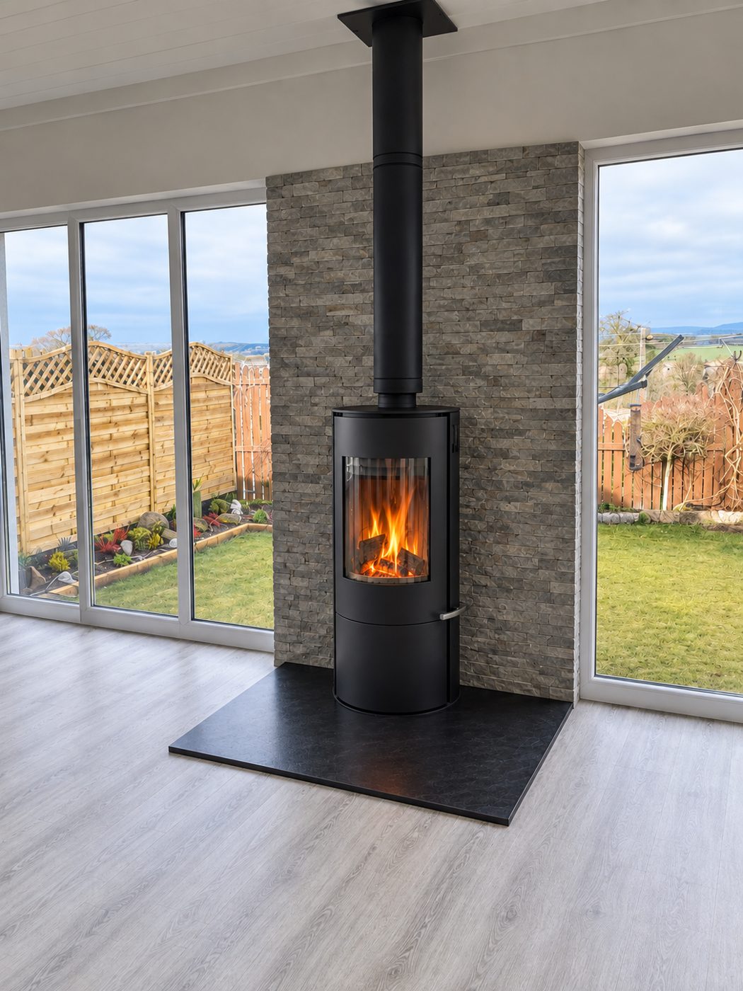 Cylindrical stove on slate hearth against split-face wall