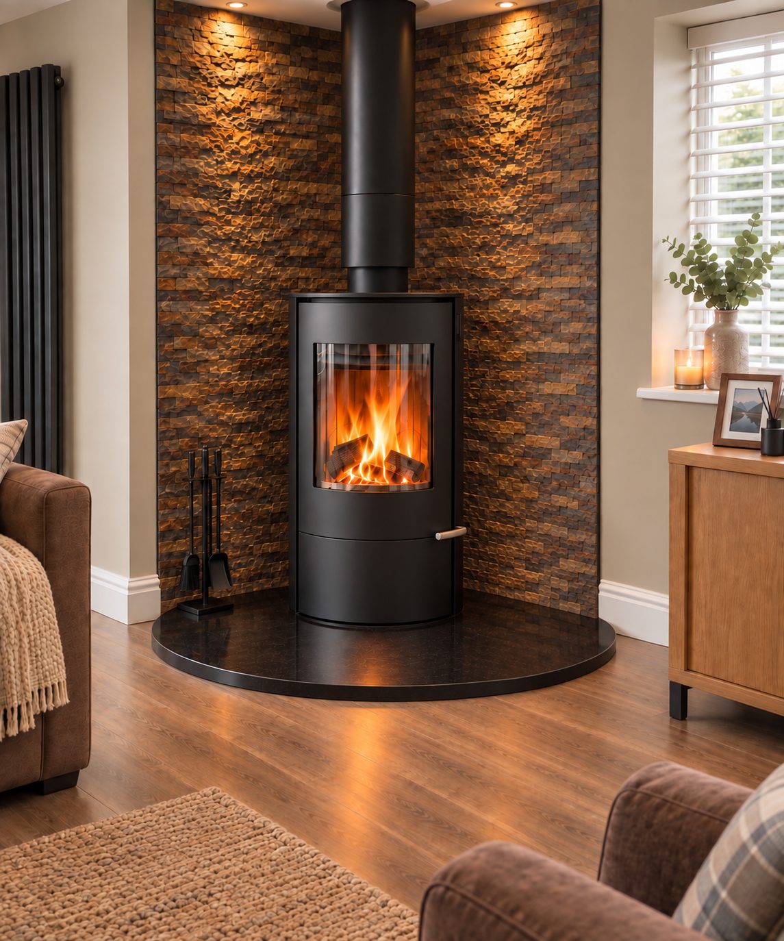 Corner stove with copper split-face feature wall