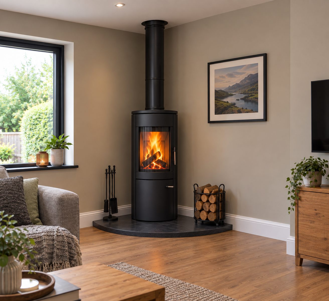 Cylindrical corner stove on curved slate hearth