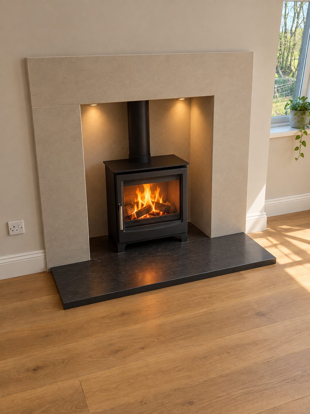 Stove in limestone surround with granite hearth