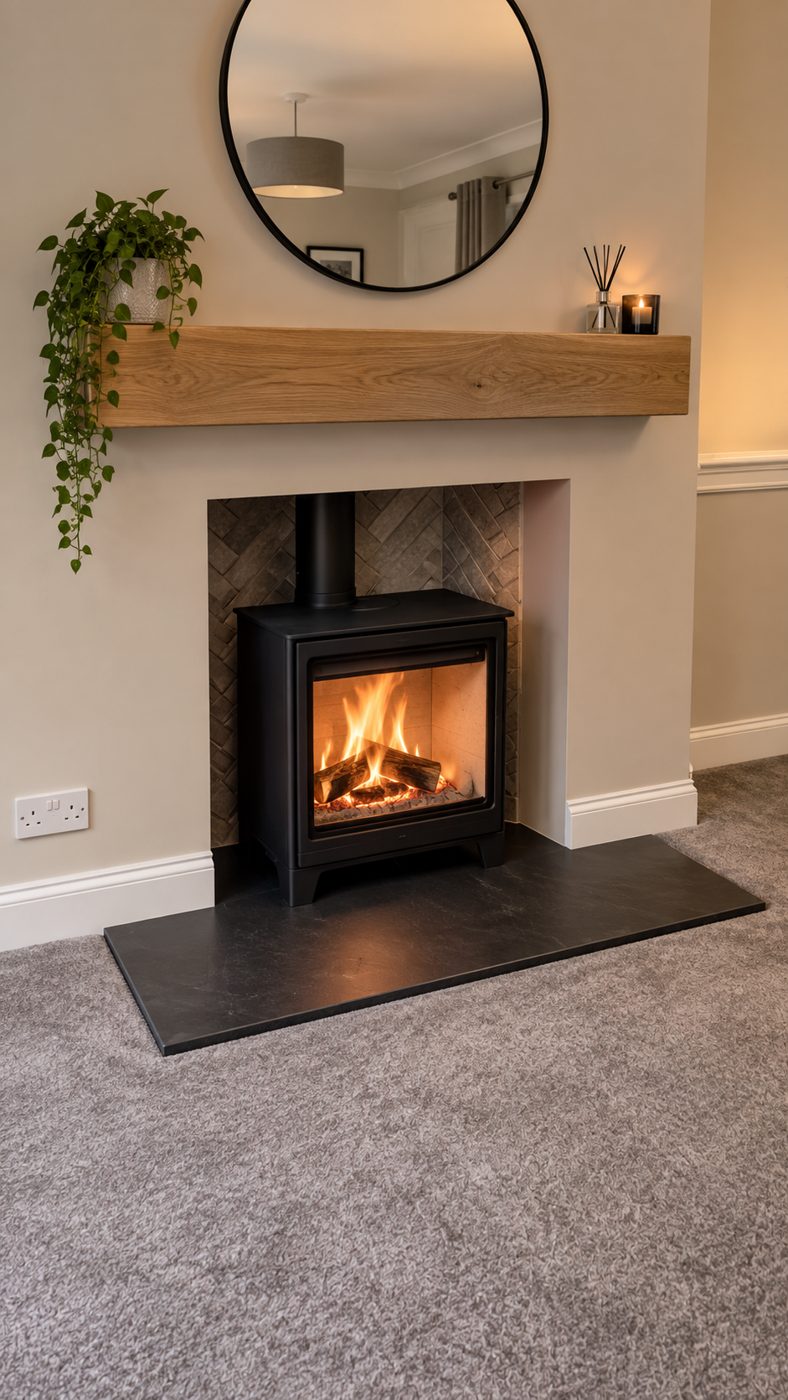 Stove with oak beam, herringbone chamber and round mirror