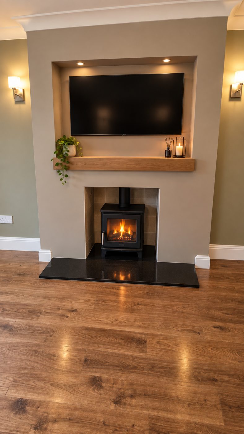 Media wall stove with oak shelf and black granite hearth