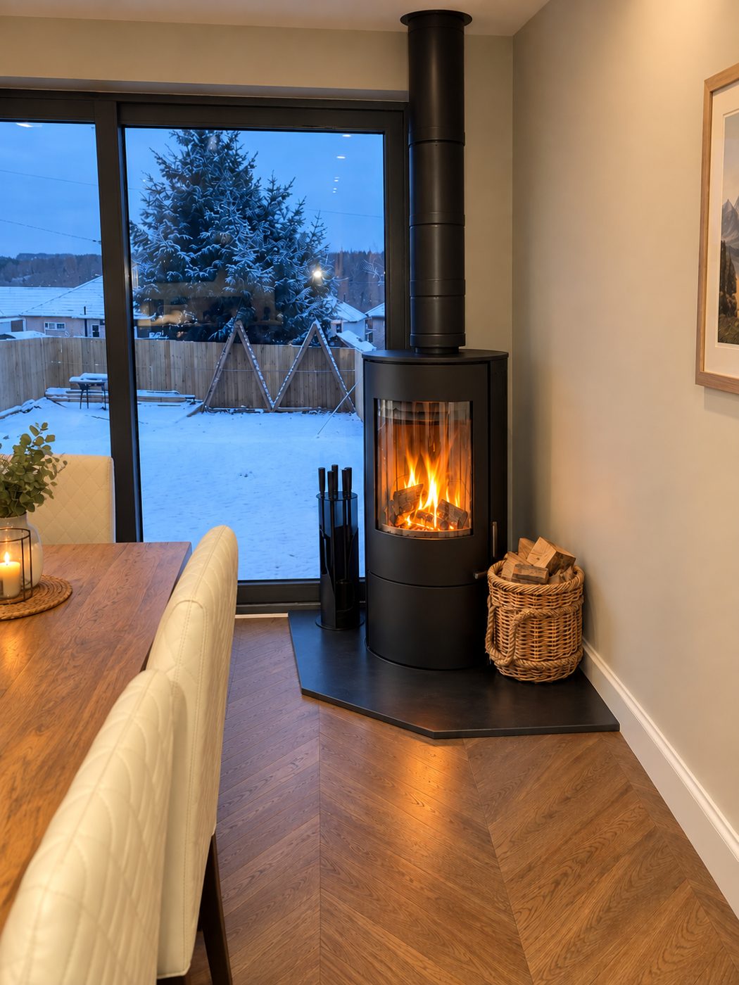 Corner cylindrical stove beside patio doors with snowy garden