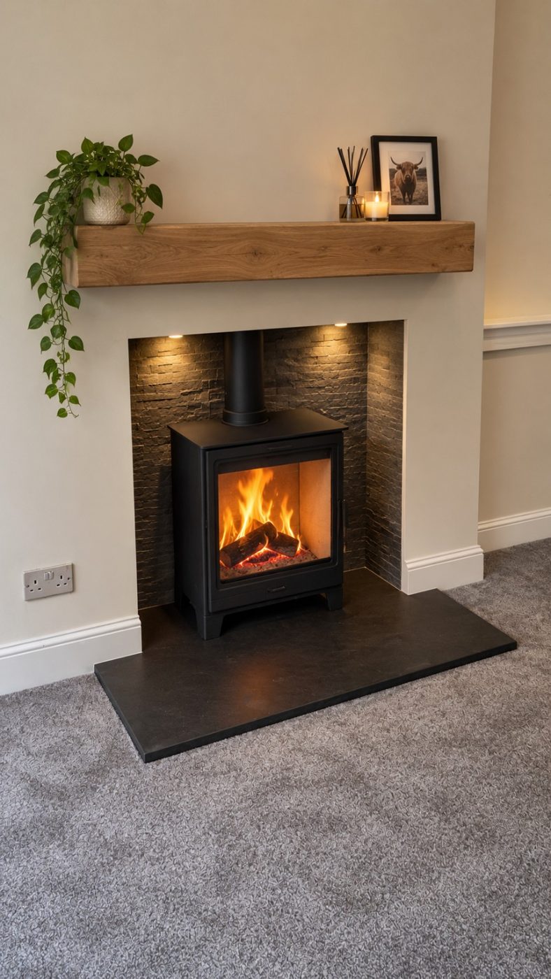 Stove in slate chamber with oak beam mantel