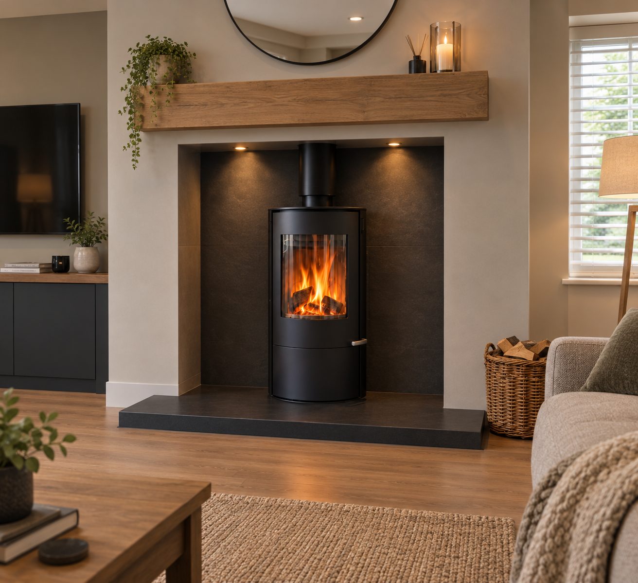 Cylindrical stove in lit chamber with oak beam and round mirror