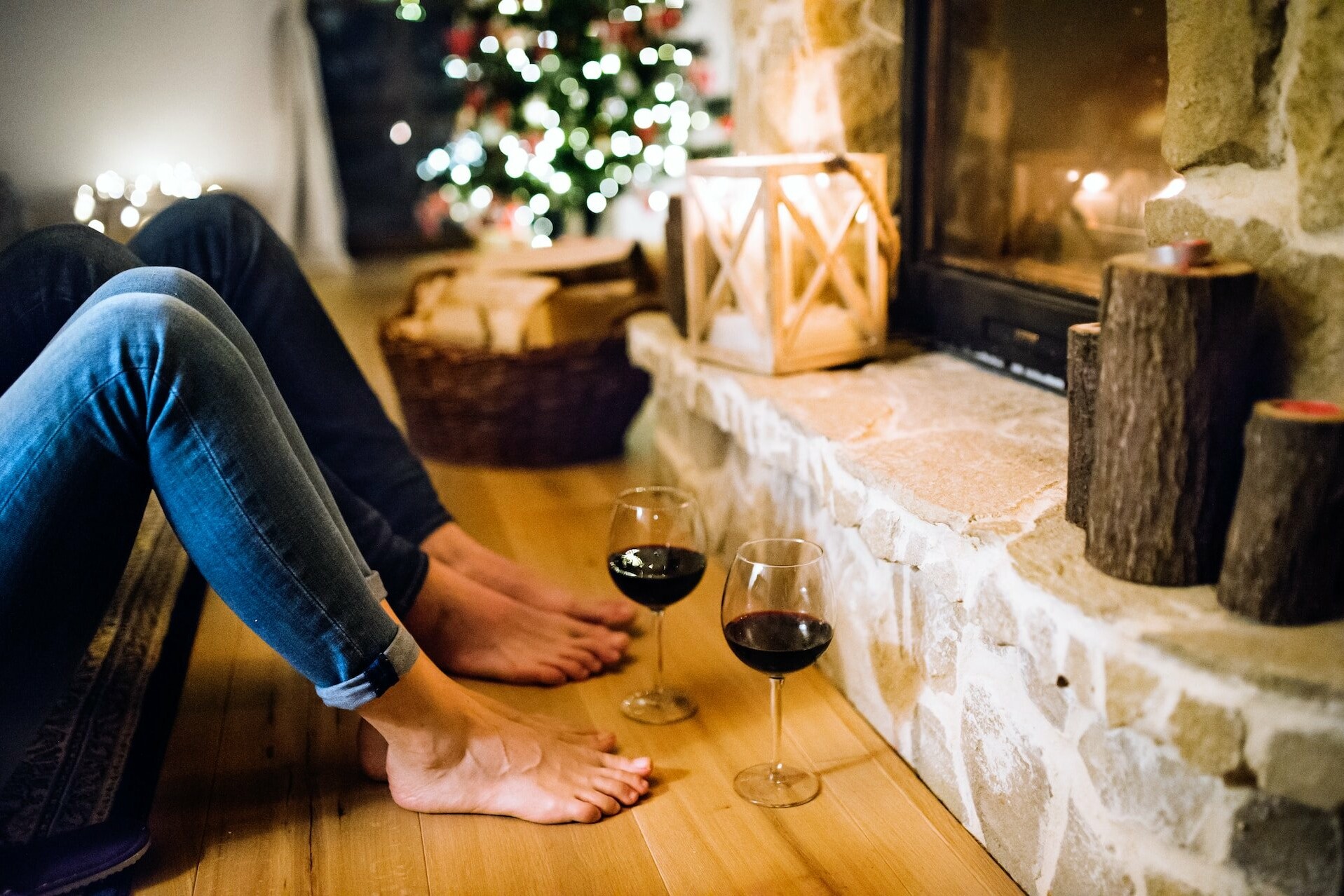 sitting by the fireplace